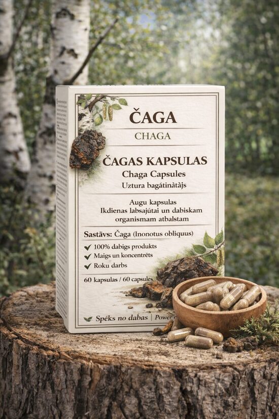 ČAGA- MELNĀ BĒRZA PIEPE 100% DABĪGS PRODUKTS, 60 GB KAPSULAS